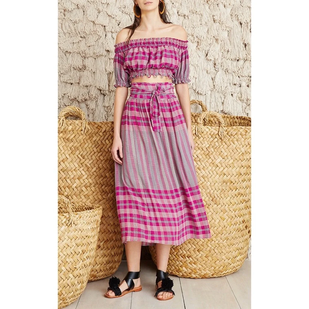 FULL SET Matching Set Apiece Apart Plaid Midi Skirt & Off the Shoulder Crop Top